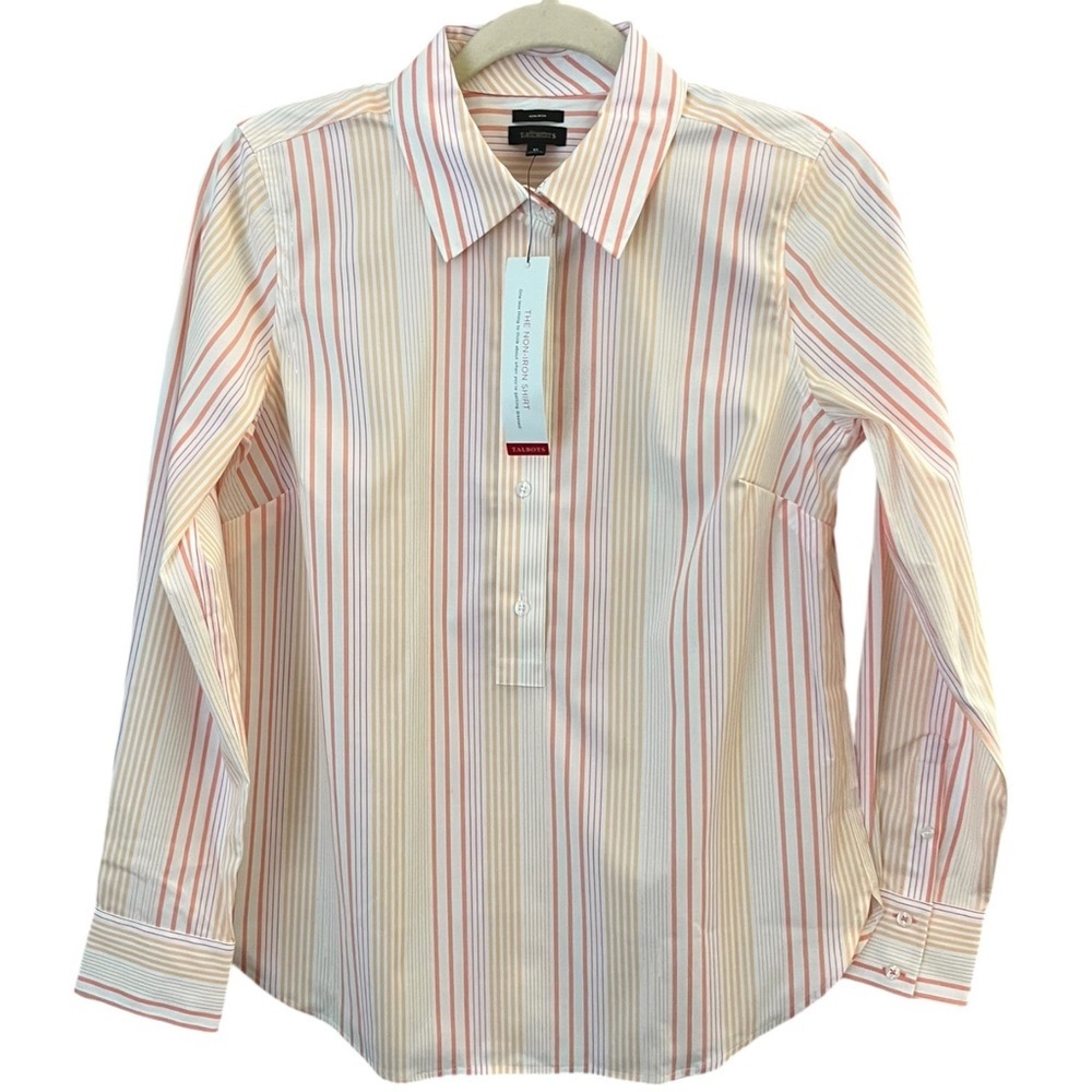 Talbots Size XS Non Iron Pastel Striped Long Sleeve Tunic Button Front Top